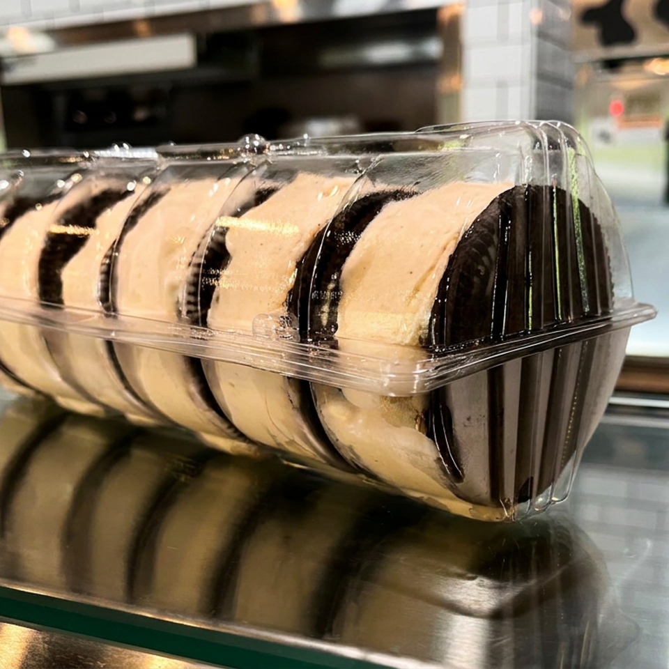 Clear plastic container holding several pale rice rolls wrapped with dark seaweed on a reflective restaurant counter.