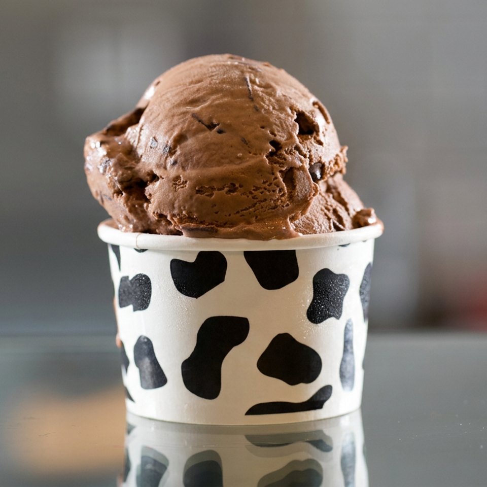 Scoop of chocolate ice cream in a cow-print paper cup beside a Salty Cow logo.