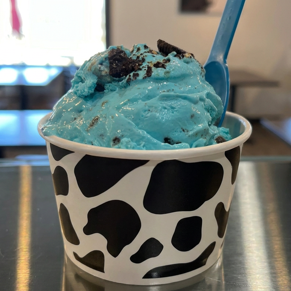Blue cookies-and-cream ice cream topped with cookie crumbles in a cow-print cup, served with a blue spoon.