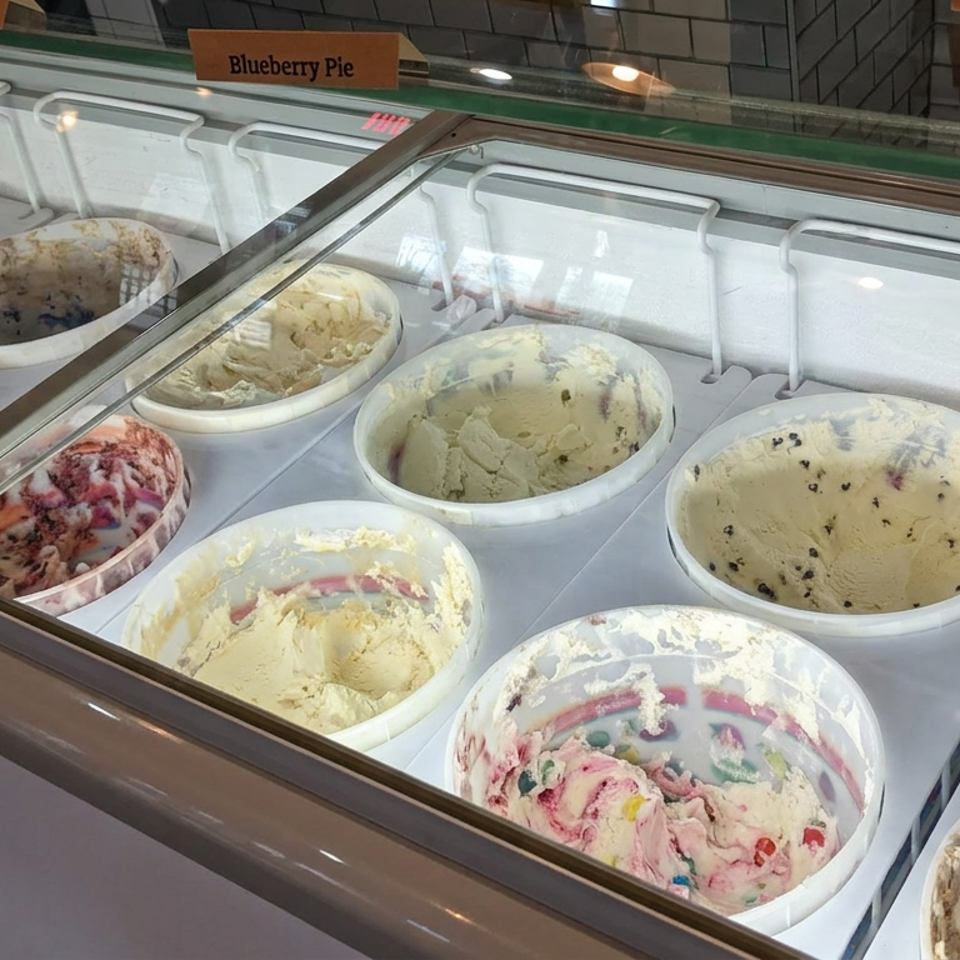 Display case filled with assorted colorful ice cream flavors, including blueberry pie, chocolate, mint, and berry swirls.